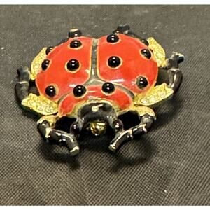 Vintage Kenneth Lane Ladybug Brooch Red Enamel Rhinestone Signed Saks 1960s-70s